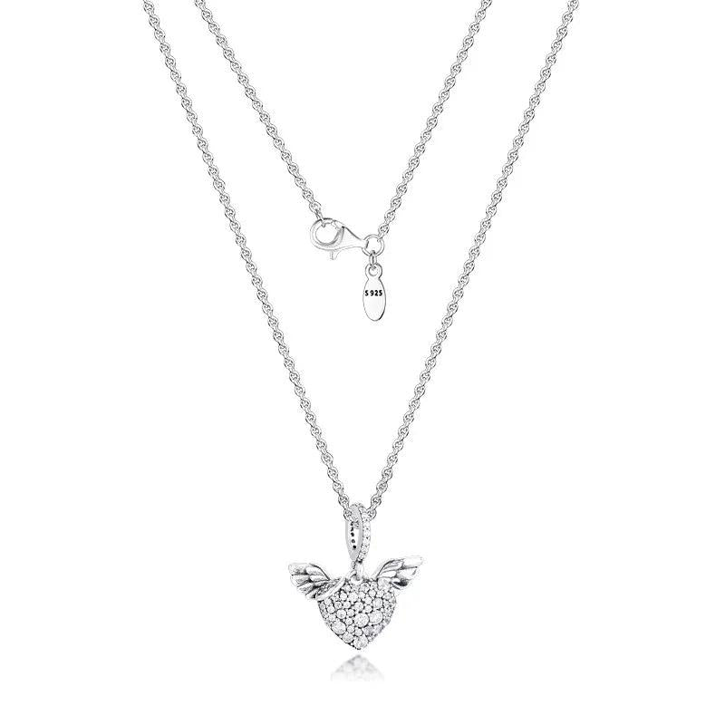 Sterling Silver Heart & Angel Wings Pendant Necklace