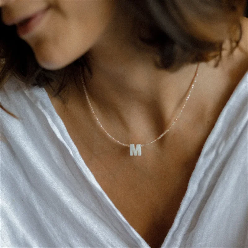 Dainty 14K Gold Filled Letter Necklace MOP Choker Boho Jewelry