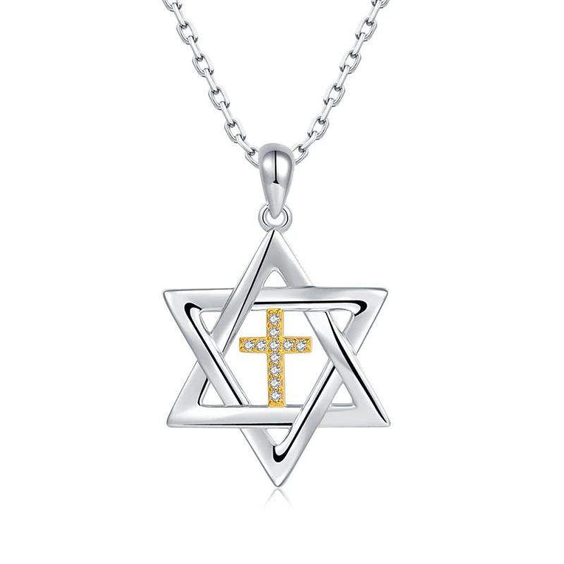 Sterling Silver Cross Star of David Pendant Necklace