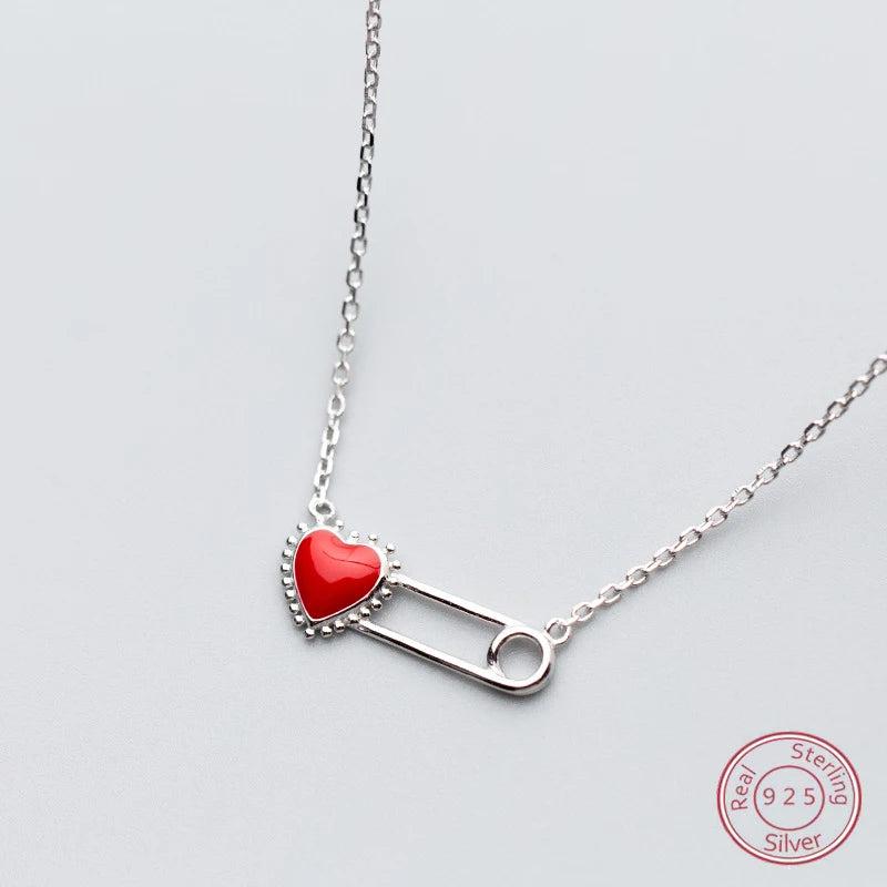 925 Silver Red Heart Paper Clip Pendant Necklace for Women