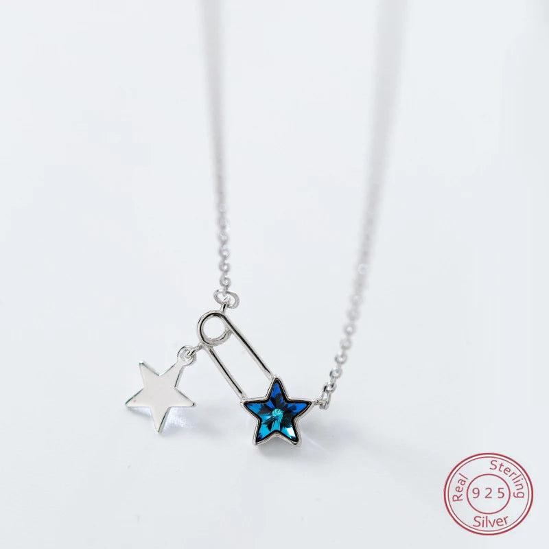 925 Silver Double Star Paper Clip Pendant Choker Necklace