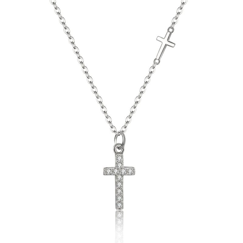 925 Silver Link Chain Zircon Cross Pendant Choker Necklace