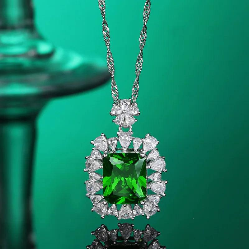 S925 Sterling Silver Green Diamond Pendant Necklace Wedding Jewelry