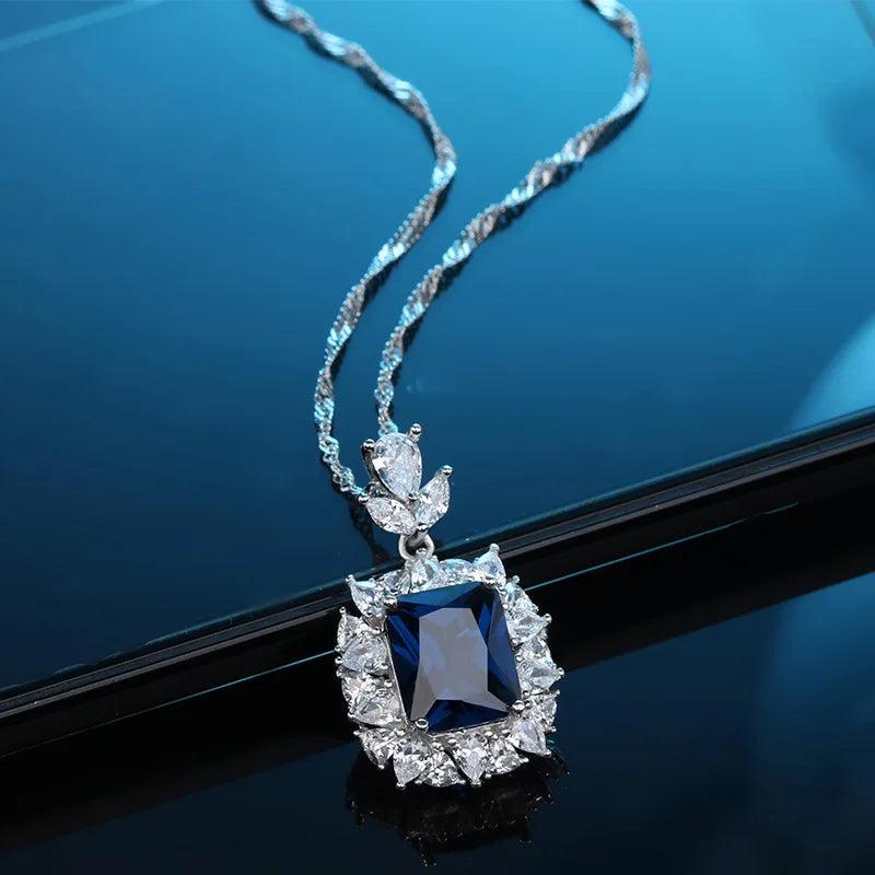 S925 Sterling Silver Diamond Sapphire Pendant Necklace
