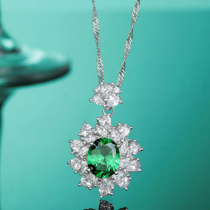 S925 Silver Emerald Necklace High Carbon Stone Full Diamond Pendant Necklace