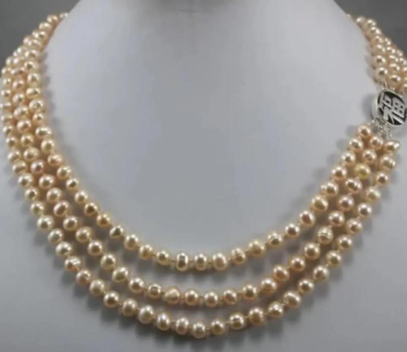 Pink Pearl Button Necklace 6-7mm 3 Rows