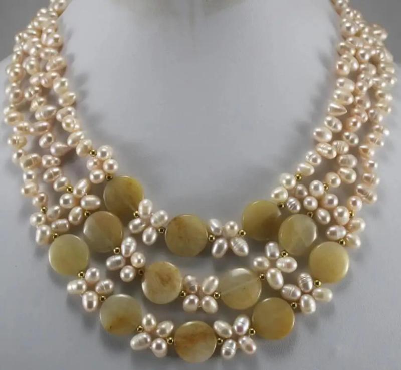 Pink Natural Pearl Necklace, 3 Rows 7-8mm, 37-Hole