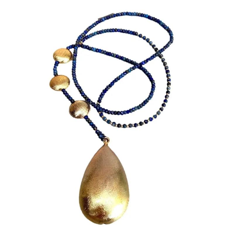 YYGEM Brushed Teardrop Pendant Lapis Lazuli Long Necklace