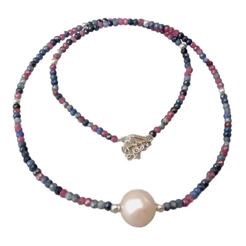 KKGEM 3mm Pink Ruby Sapphire Keshi Pearl Choker Necklace