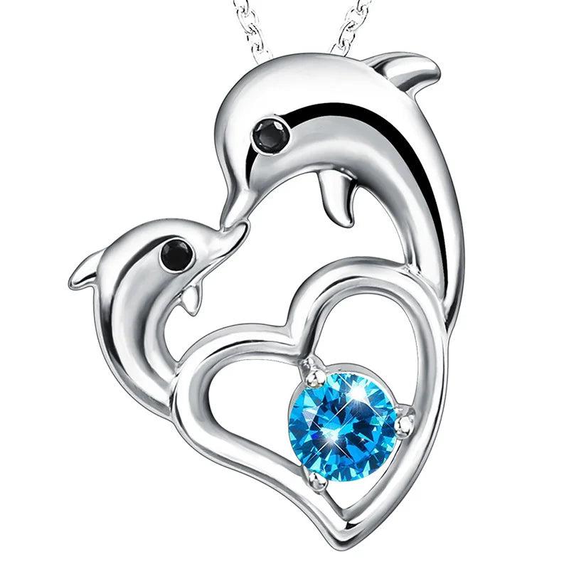 925 Silver Dolphins Pendant Heart Zircon Necklace