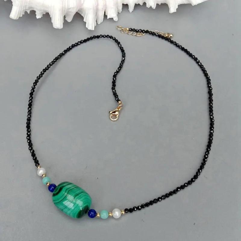 Green Malachite Charm Gemstone Necklace with Spinel Choker