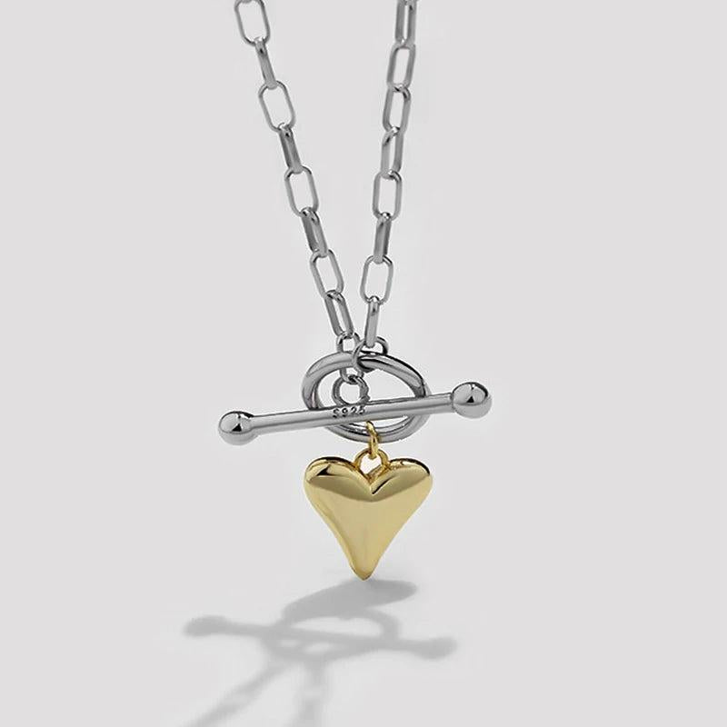 925 Silver OT Buckle Love Necklace Heart Pendant Retro Clavicle Chain
