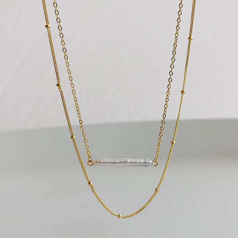 S925 Silver Double Layered Necklace Baroque Pearl Clavicle Chain