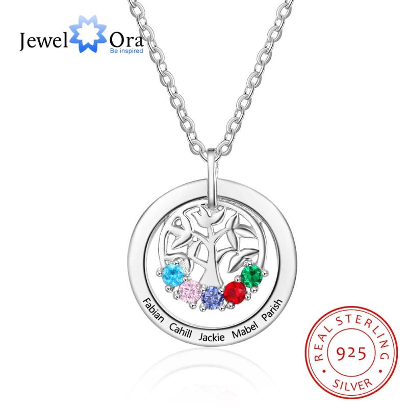 JewelOra Family Tree Pendant with 5 Birthstones Engraving Name Necklace