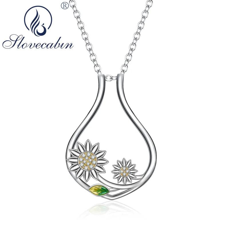 925 Silver Sunflower CZ Ring Holder Necklace Daisy Rotable Choker Chain