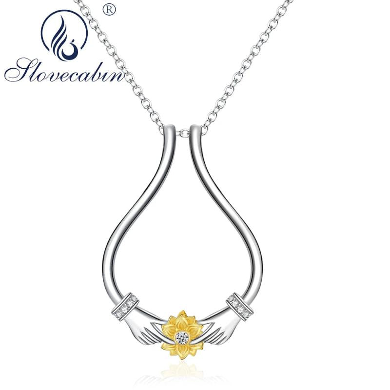 925 Silver Sunflower CZ Ring Holder Necklace Adjustable Choker Chain