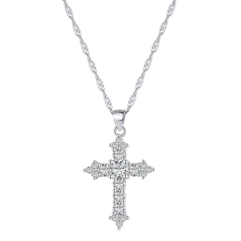 925 Silver Cross Pendant Necklace with High Carbon Diamonds - Fine Jewelry