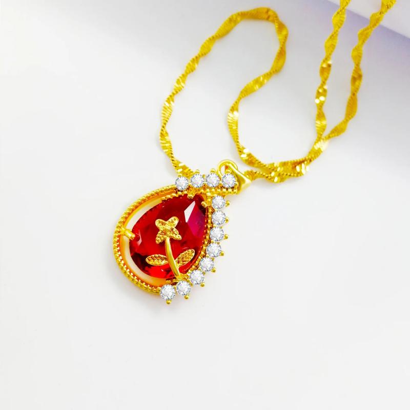 Ruby Stone Necklace for Women's Wedding Gift with Diamond Inlaid Charms