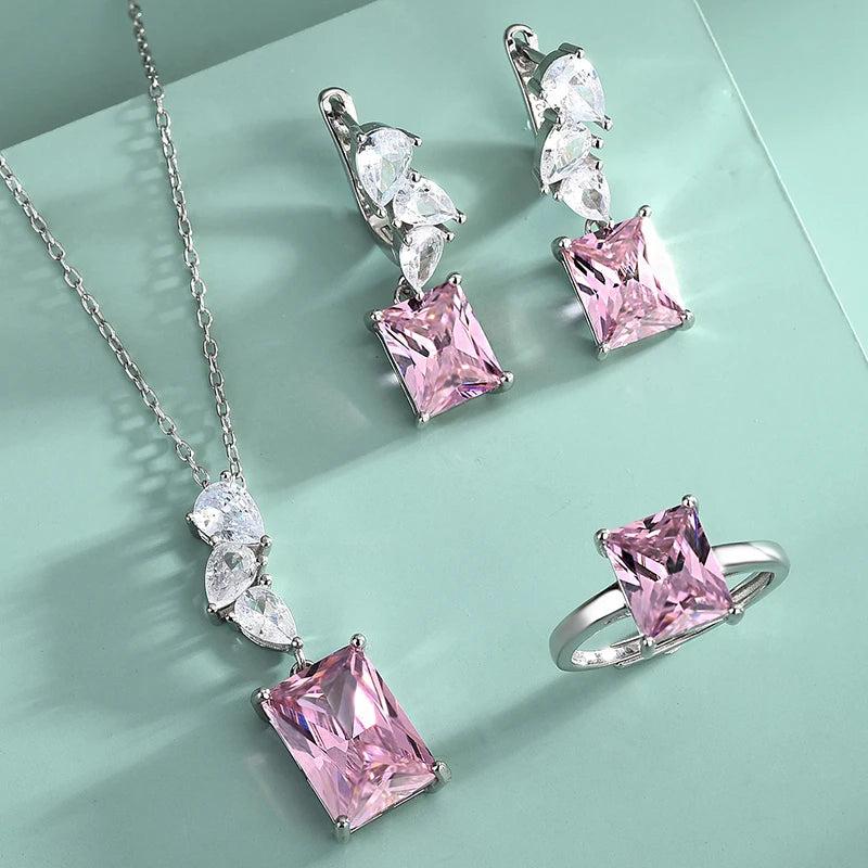 S925 Silver Pink Ruby Set Square Zirconia Ring Pendant Necklace Earrings