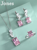 S925 Silver Pink Ruby Set Square Zirconia Ring Pendant Necklace Earrings