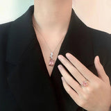 S925 Silver Pink Ruby Set Square Zirconia Ring Pendant Necklace Earrings