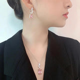 S925 Silver Pink Ruby Set Square Zirconia Ring Pendant Necklace Earrings