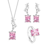 S925 Silver Pink Ruby Set Square Zirconia Ring Pendant Necklace Earrings