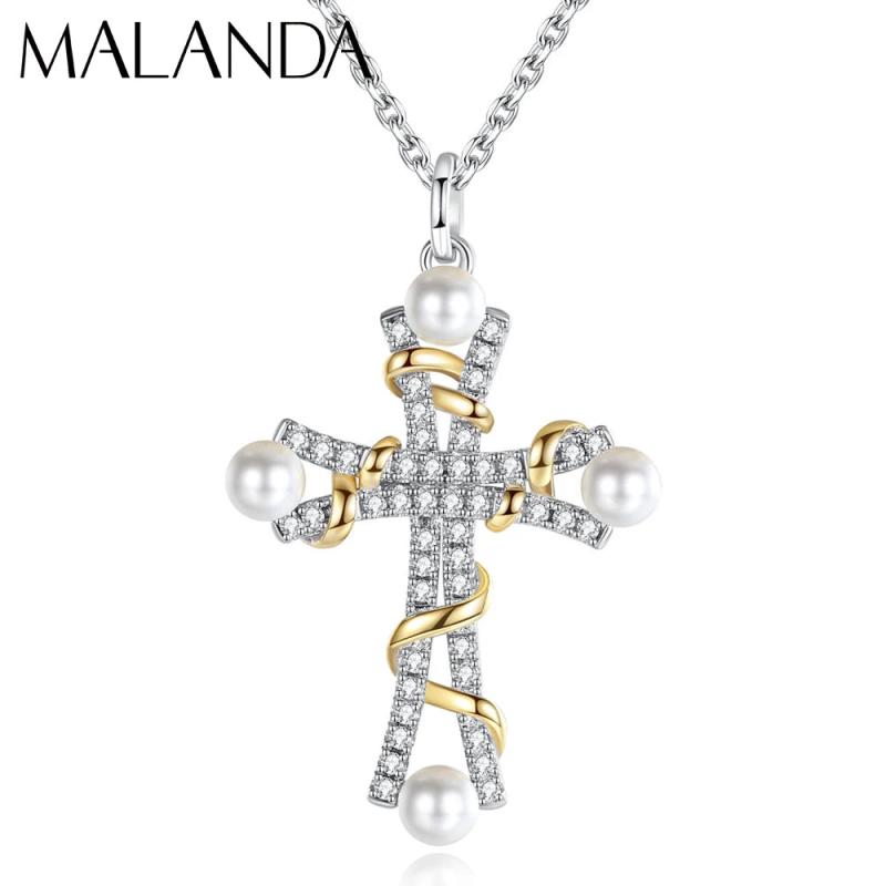 Malanda 925 Sterling Silver Pearl Cross Pendant Necklace For Women