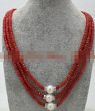 Red Ruby Rondelle & Pearl Necklace 17-19''