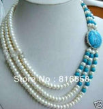 3-Row Freshwater Pearl & Turquoise Clasp Necklace