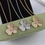 925 Silver Lucky Clover Necklace Diamond Inlaid Flower Pendant