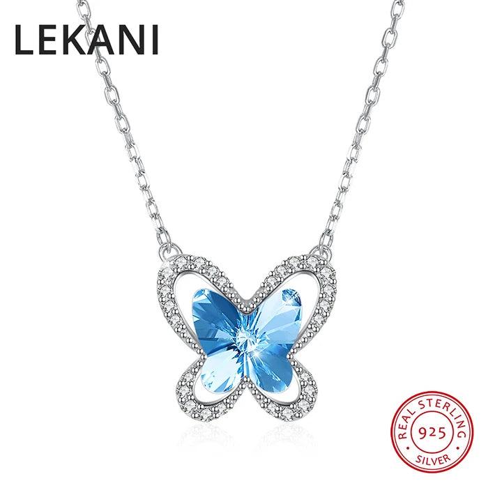 Austria Crystal Butterfly Pendant Necklace Real S925 Silver Chain Collar
