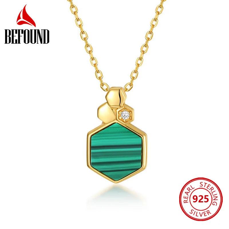 Malachite Hexagon Necklace Geometric Honeycomb Pendant 925 Sterling Silver