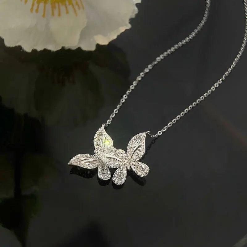 925 Silver Double Butterfly Necklace with Zircon Choker