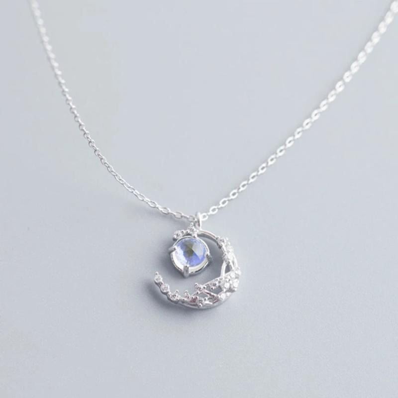 S925 Silver Moon Necklace Glass Women Pendant Jewelry Holiday Gift