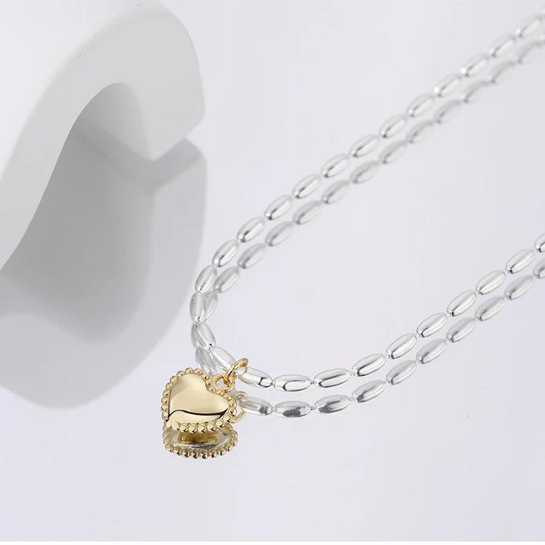 925 Silver Heart Beaded Chain Necklace Pendant Love Charm