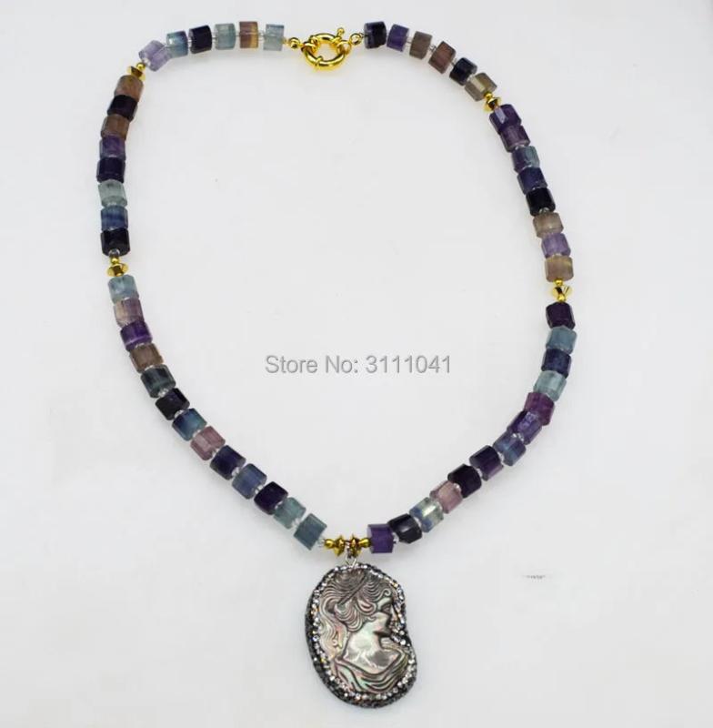 Purple Fluorite Roundel Necklace Pendant Shell Gemstone Beads 19 Inch