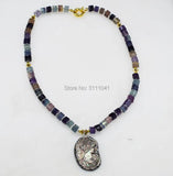 Purple Fluorite Roundel Necklace Pendant Shell Gemstone Beads 19 Inch