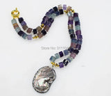 Purple Fluorite Roundel Necklace Pendant Shell Gemstone Beads 19 Inch