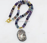 Purple Fluorite Roundel Necklace Pendant Shell Gemstone Beads 19 Inch