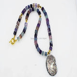 Purple Fluorite Roundel Necklace Pendant Shell Gemstone Beads 19 Inch