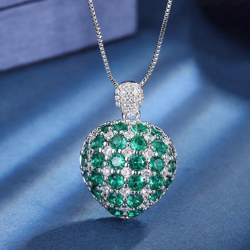 Emerald Green Sapphire Ruby Red Zircon Diamond Heart Pendant Necklace