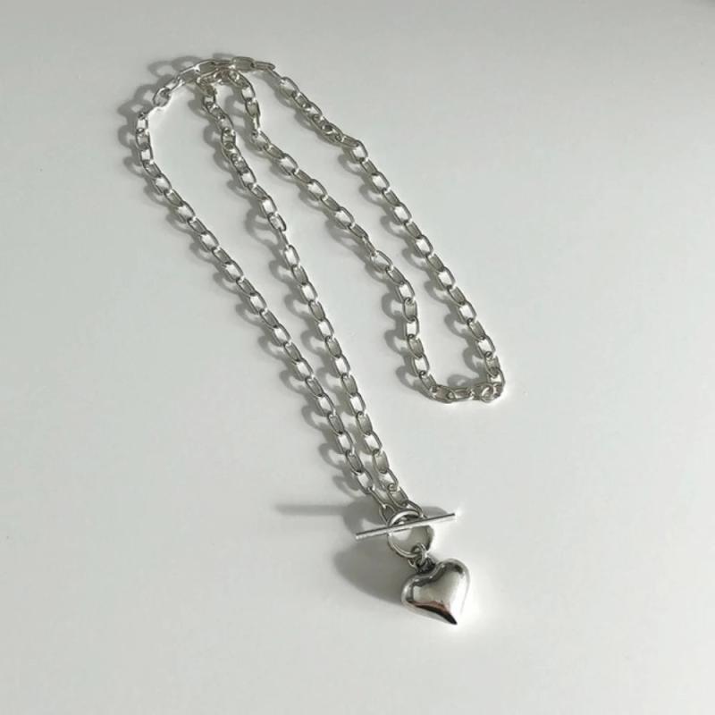 925 Silver Punk Heart Necklace Big Chain Circle Pendant Long Jewelry
