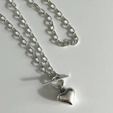 925 Silver Punk Heart Necklace Big Chain Circle Pendant Long Jewelry