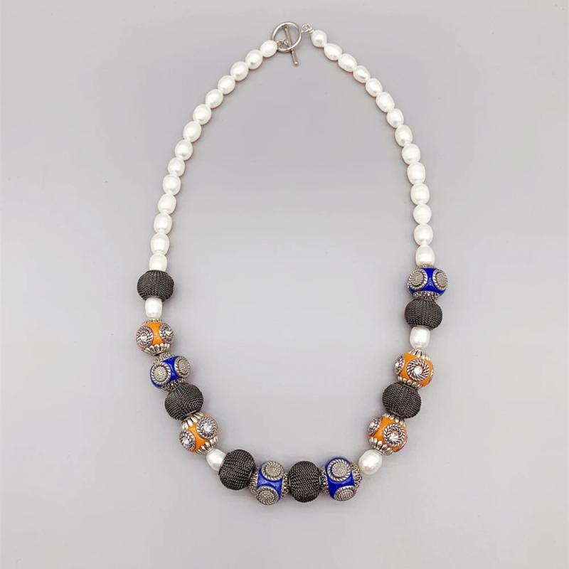 Orange Enamel Balls Necklace Mesh Beads Freshwater Pearls Gift