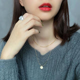 925 Sterling Silver Double Layer Chain Necklace Coin Pendant Bohemian