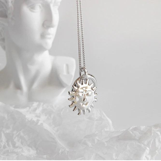 925 Silver Sun & Moon Necklace Crescent Moon Jewelry Long Sweater Chain