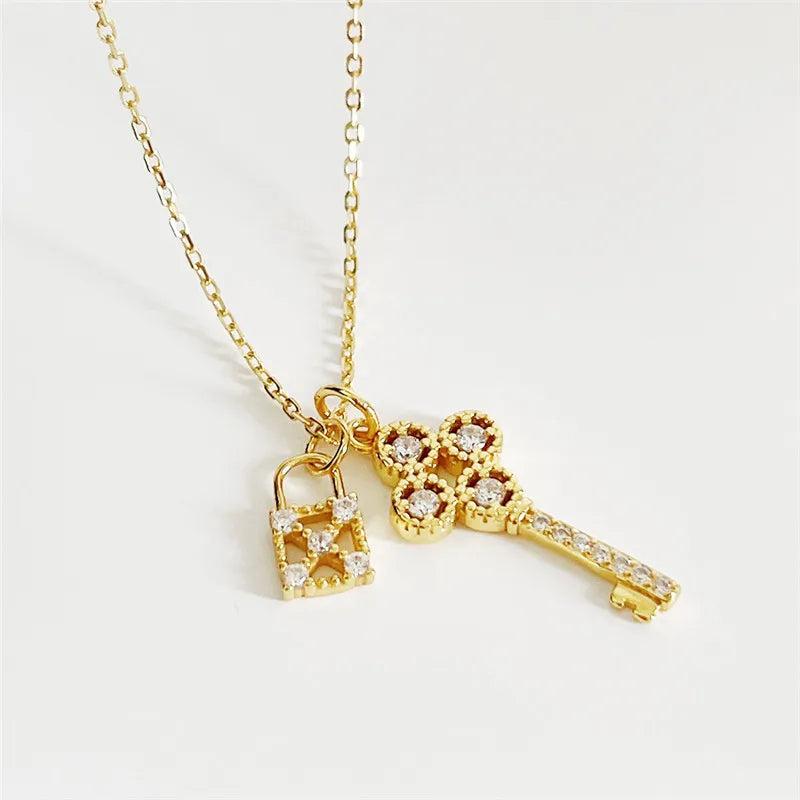925 Silver Zircon Lock & Key Pendant Necklace