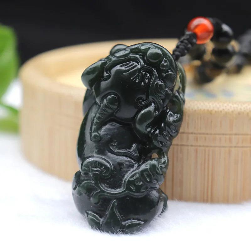 Dark Green Hetian Nephrite Jade Pixiu Lucky Pendant Necklace