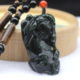 Dark Green Hetian Nephrite Jade Pixiu Lucky Pendant Necklace
